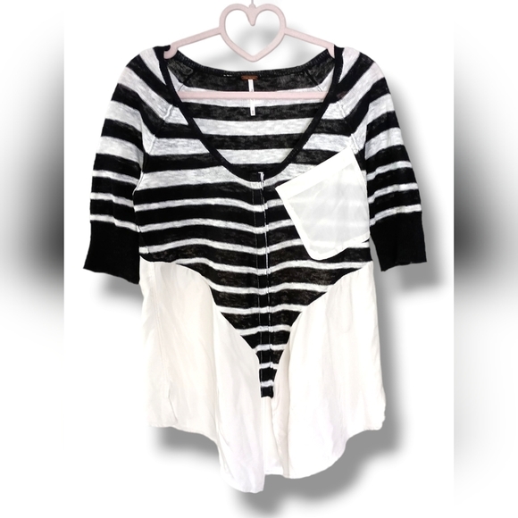 Free People Silk/Linen/Cotton Stripe Top in Blk/White Stripe Combo XS 🖤 🤍 - Picture 2 of 5